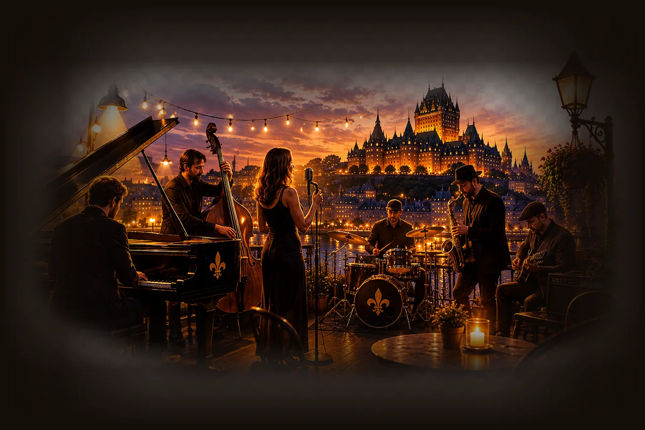 Formation jazz sur une terrasse de Québec au coucher du soleil
