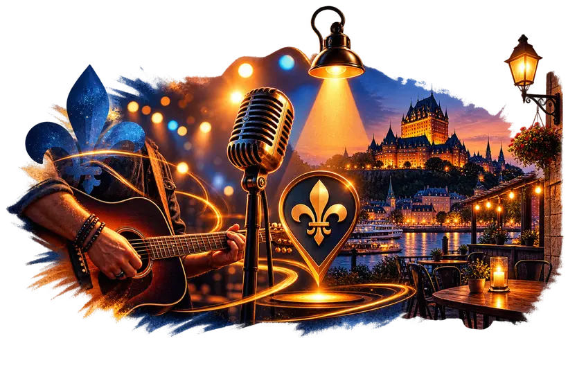 Guitariste au micro, ambiance chaleureuse de Québec