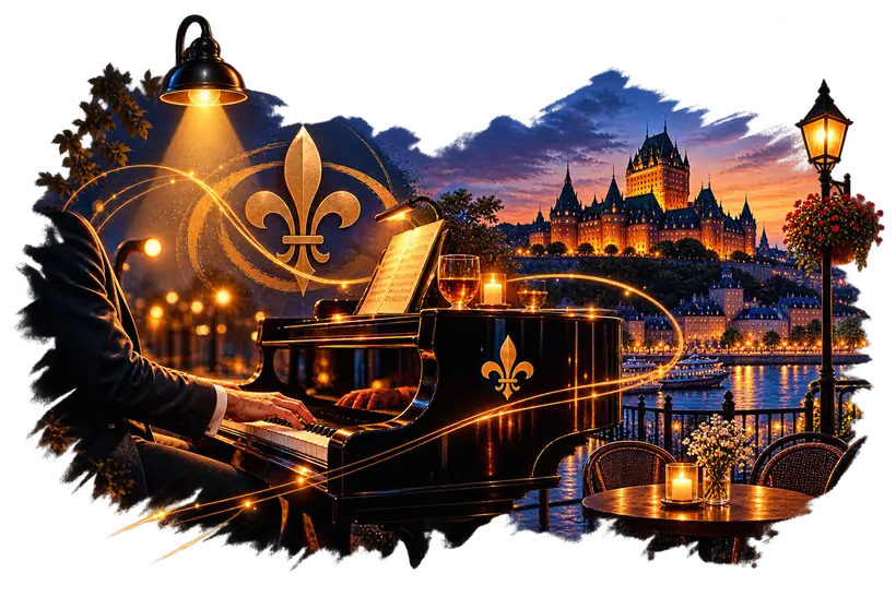 Pianiste sur une terrasse au pied du Château Frontenac